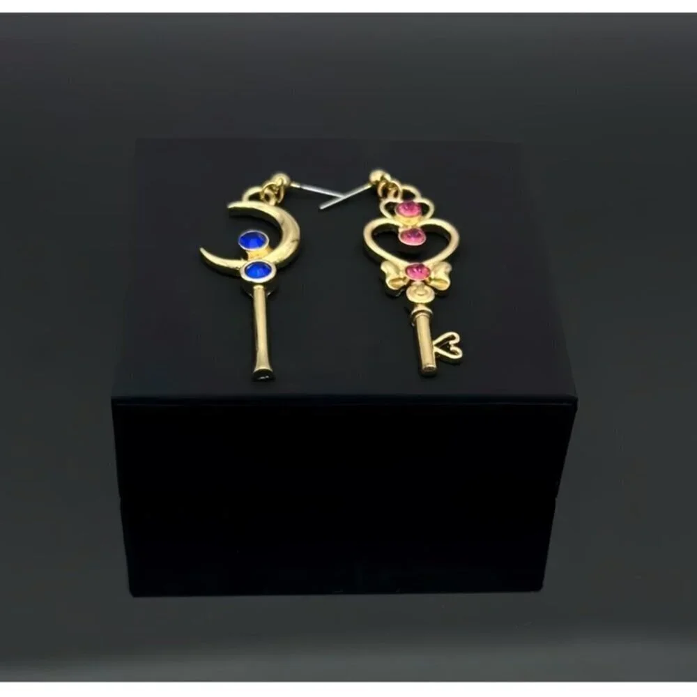 Anime Dangle Earrings Gold Plated Brass Cubic Zirconia Star Moon Heart Women - Picture 3 of 5